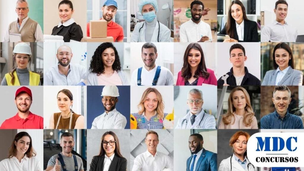 Imagem com 25 pessoas de diferentes profissões, incluindo médicos, engenheiros, trabalhadores da construção, executivos, entregadores, professores e mecânicos. Todos sorriem e estão vestidos conforme suas áreas de atuação. A diversidade de gênero, etnias e ocupações destaca um ambiente profissional variado / Monte Negro (RO) Oferece 190 Vagas em Concurso Público