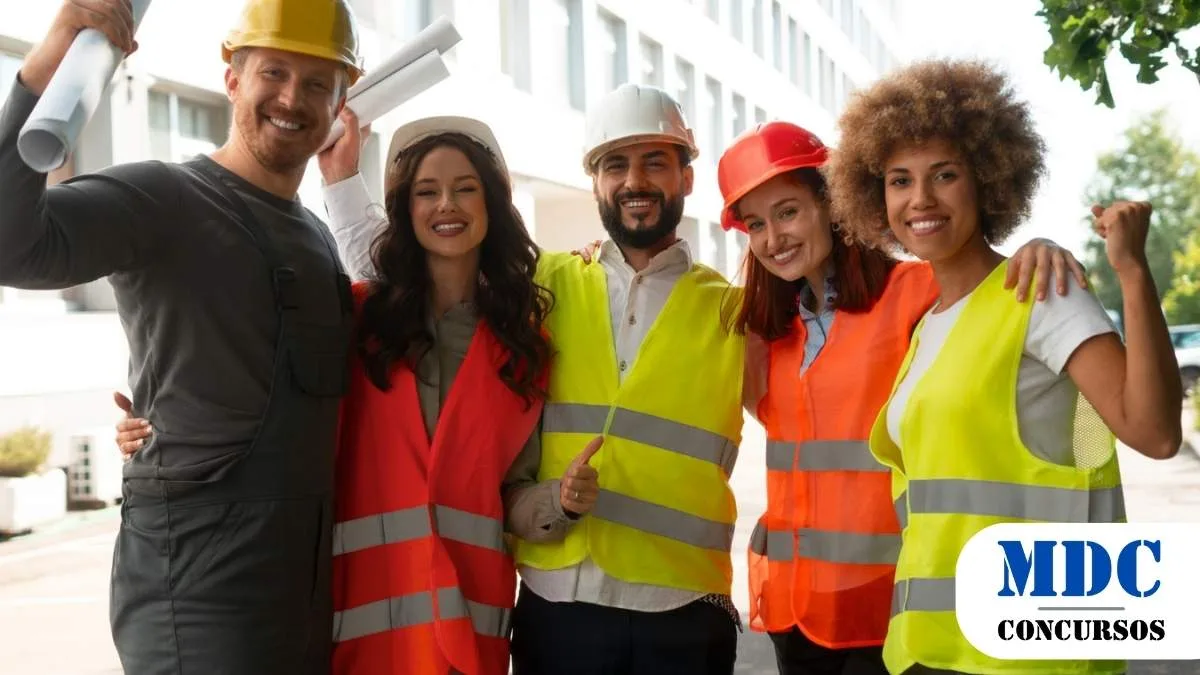 Grupo de cinco profissionais da construção civil usando coletes refletivos e capacetes de segurança, sorrindo e comemorando ao ar livre, segurando plantas de projeto em frente a um prédio - REDA Salvador Divulga Resultado Final de Processo Seletivo 2025 para a Defesa Civil