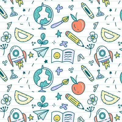 Padrão colorido com ícones de materiais escolares, incluindo lápis, cadernos, globos, maçãs, foguetes e papel dobrado, desenhados em estilo doodle sobre fundo de caderno pautado. Os elementos têm cores suaves, como azul, amarelo e verde, transmitindo um tema educacional e criativo. (SEMED Maceió)