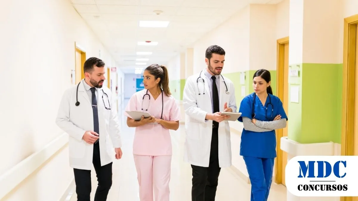 Profissionais da saúde caminhando em um corredor de hospital, discutindo informações em tablets. Dois médicos usam jaleco branco e estetoscópio, enquanto duas enfermeiras vestem uniformes rosa e azul. Eles parecem concentrados e engajados na conversa, demonstrando trabalho em equipe e colaboração - Sesap RN Convoca 78 Aprovados em Processo Seletivo
