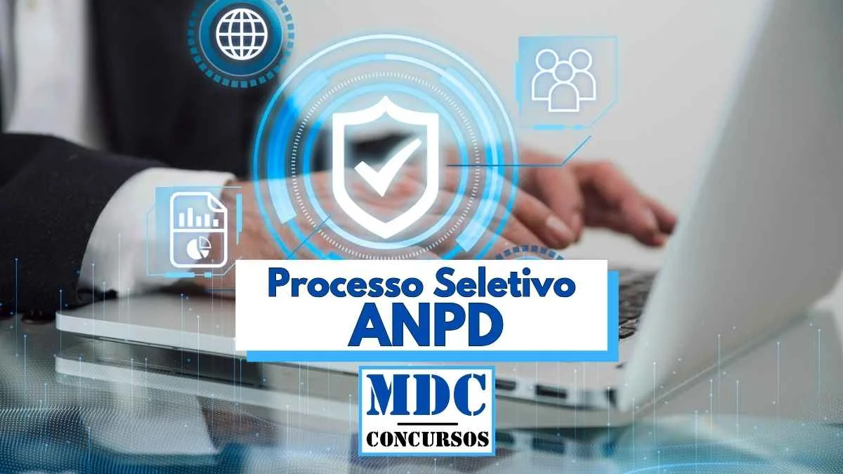 ANPD abre 213 vagas imediatas com salários de até R$ 9 mil 1 Imagem ilustrativa de um processo seletivo da ANPD, com destaque para elementos digitais como ícones de gráfico, rede, pessoas e escudo com check, simbolizando segurança da informação. Ao fundo, mãos digitam em um notebook, sugerindo inscrição online. No centro da imagem, há um destaque para o texto “Processo Seletivo ANPD” e abaixo, o logotipo “MDC Concursos” em azul e preto.