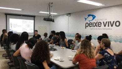 Sala de reunião da Agência Peixe Vivo com diversas pessoas sentadas ao redor de uma mesa retangular, assistindo a uma apresentação projetada em uma tela. A parede ao fundo exibe o logotipo da Agência Peixe Vivo e a identificação “Agência de Bacia Hidrográfica”. O ambiente é bem iluminado, com teto branco, cadeiras giratórias e utensílios de café sobre a mesa, indicando um encontro formal com clima colaborativo.