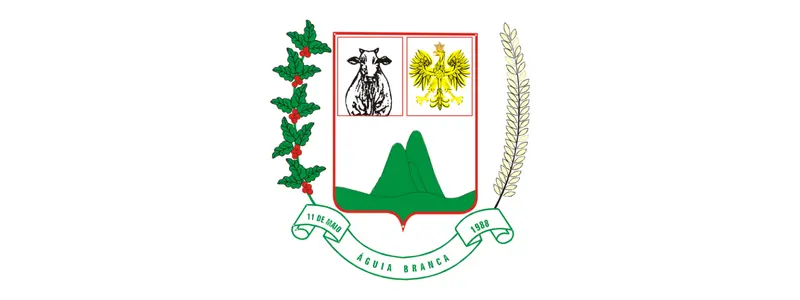 Brasão de Águia Branca com escudo dividido em três partes, exibindo uma vaca, uma águia dourada e montanhas verdes, ladeado por ramos e faixa com o nome do município.