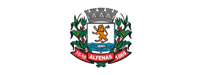 Brasão de Alfenas com leão dourado ao centro, água ondulada na base, ramos floridos laterais, coroa mural no topo e faixa vermelha com datas e nome do município