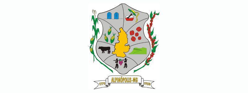 Alpinópolis/MG abre concurso com 126 vagas de até R$ 5,6 mil 1 Brasão do município de Alpinópolis-MG com elementos que representam agricultura, pecuária e cultura local, tendo o mapa do município em amarelo ao centro.