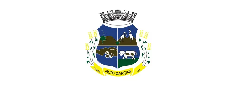 Brasão do município de Alto Garças MT com escudo azul dividido em quatro partes, contendo paisagens, animais e coroa mural acima.
