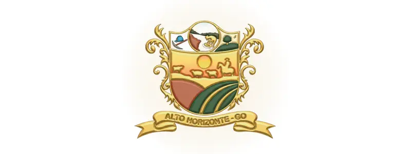 Brasão oficial do município de Alto Horizonte, Goiás, com escudo dourado ilustrando elementos rurais, sol, paisagem agrícola e faixa com o nome da cidade na parte inferior