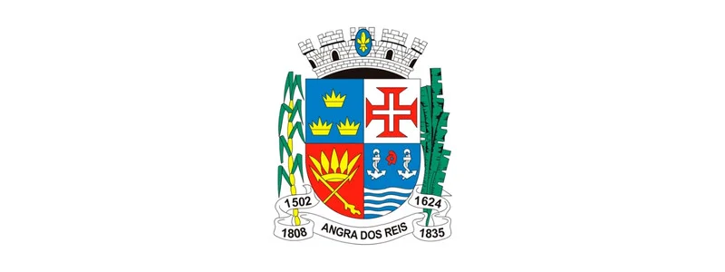 Câmara de Angra dos Reis-RJ abre concurso c/ 23 vagas + CR 1 Brasão de Angra dos Reis com escudo dividido em quatro partes, coroas, cruz, âncoras, ondas, folhas, cana e palmeira, além de datas históricas.