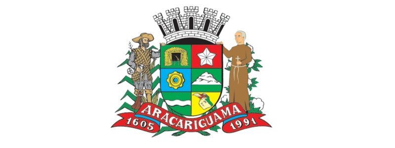 Prefeitura de Araçariguama/SP abre seleção com salários de até R$ 5,4 mil para Professores 1 Brasão do município de Araçariguama-SP com escudo central colorido, figuras históricas laterais, coroa mural acima e faixa vermelha com datas 1605 e 1991.