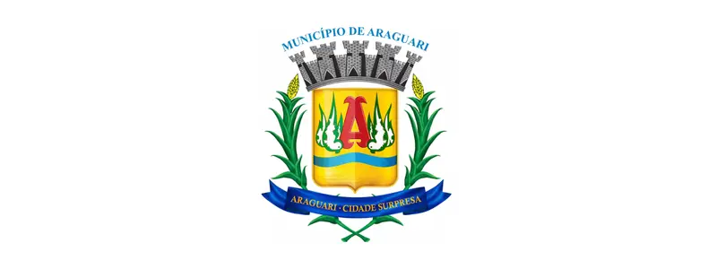 Brasão do município de Araguari com escudo colorido, letra A central, elementos vegetais, coroa mural no topo e faixa com o lema Araguari Cidade Surpresa