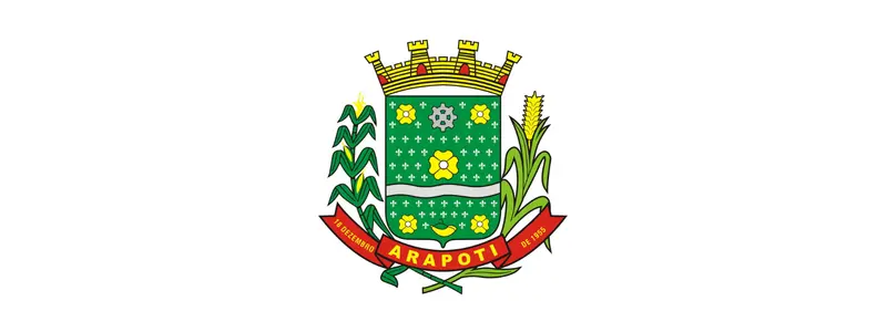 Brasão de armas de Arapoti, Paraná, composto por um escudo verde com flores e engrenagem, ladeado por ramos de milho e trigo, sobreposto a uma faixa vermelha com o nome do município e a data de fundação.