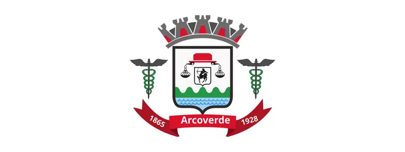 Brasão oficial do município de Arcoverde, com escudo central, coroa mural no topo, símbolos laterais e faixa vermelha com o nome Arcoverde e os anos 1865 e 1928
