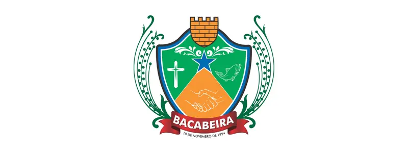 Brasão do município de Bacabeira com escudo em tons de verde e laranja, contendo símbolos como cruz, estrela, pássaro e aperto de mãos, ladeado por ramos decorativos, coroa mural no topo e faixa com o nome Bacabeira e a data de 10 de novembro de 1994.