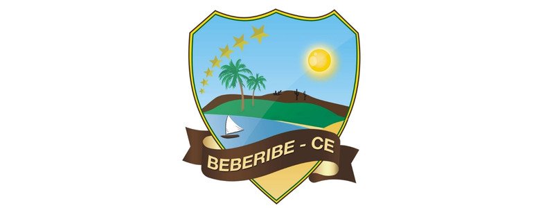 Brasão do município de Beberibe-CE com paisagem de sol, mar, palmeiras, barco, dunas e faixa marrom com o nome da cidade.