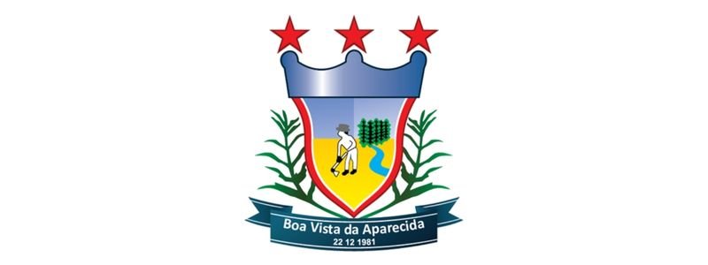 Brasão do município de Boa Vista da Aparecida com coroa azul, três estrelas vermelhas, lavrador, rio, árvores, milho e faixa com a data 22.12.1981.