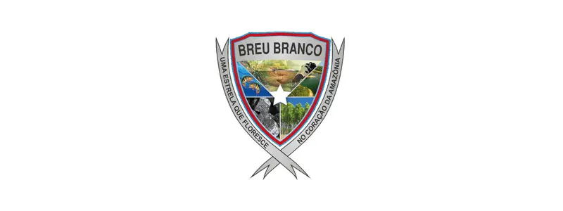 SEMED Breu Branco (PA) lança processo seletivo com 571 vagas 1 Brasão do município de Breu Branco com escudo central colorido, nome Breu Branco no topo, símbolos naturais e regionais no interior, estrela branca ao centro e faixa com lema, apoiado por elementos decorativos em tons de cinza.