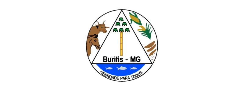 Brasão do município de Buritis-MG com formato circular, triângulo central, gado, plantações, espigas, rio com peixes e a inscrição “Buritis – MG” e “Liberdade para Todos”.
