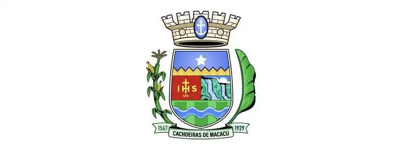 Brasão de Cachoeiras de Macacu-RJ com escudo central, coroa no topo, milho e folha lateral, contendo símbolos religiosos, estrela, cachoeira e rio.
