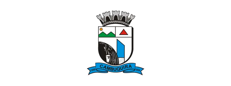 Brasão oficial do município de Cambuquira com escudo dividido em símbolos geométricos, elementos naturais e faixa azul com o nome da cidade.