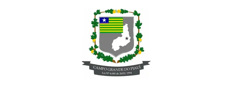 Campo Grande do Piauí abre processo seletivo com 93 vagas imediatas 1 Brasão de armas do município de Campo Grande do Piauí sobre fundo branco. O escudo central cinza exibe no canto superior esquerdo a bandeira do estado do Piauí e, à direita, o mapa do estado em branco com uma estrela preta indicando a localização da cidade. O escudo é emoldurado por ramos verdes com pequenos frutos amarelos. Abaixo, uma faixa cinza traz o nome do município e a menção à Lei Nº 4.680 de 26/01/1994.