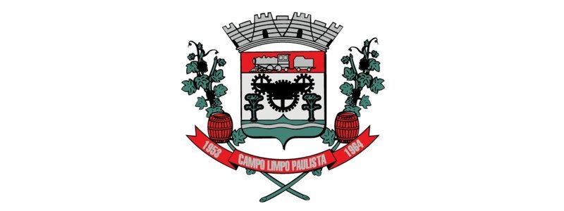 Brasão da Prefeitura de Campo Limpo Paulista com elementos como engrenagens, parreiras, barris e uma faixa vermelha com as datas 1880 e 1964.