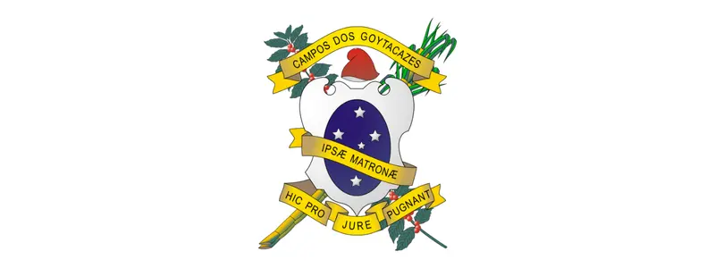 Campos dos Goytacazes-RJ abre concurso c/ 1000 vagas de até R$ 4.200 1 Brasão de Campos dos Goytacazes com escudo azul estrelado, capacete, faixas amarelas com inscrições em latim e ornamentos de folhas e ramos em torno do símbolo