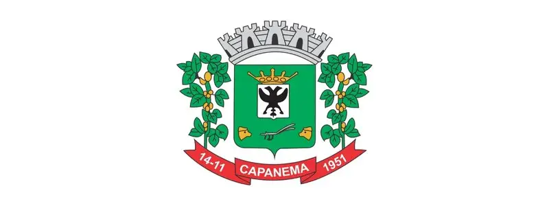 Capanema/PR abre concurso com salários de até R$ 8.875,13 1 Brasão do município de Capanema-PR em fundo branco com escudo verde, coroa prateada, ramos laterais e faixa vermelha com datas e nome da cidade