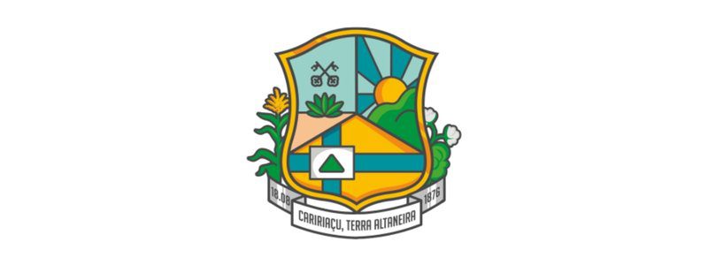 Brasão do município de Caririaçu-CE com elementos que representam o sol, a vegetação, uma estrada, símbolos agrícolas e a inscrição "Caririaçu, Terra Altaneira".