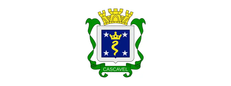 Cascavel - PR abre concurso com 109 vagas de até R$ 13,2 mil 1 Brasão oficial do Município de Cascavel, Paraná, com escudo azul contendo coroa dourada e serpente, ladeado por ramos verdes e coroa mural dourada no topo
