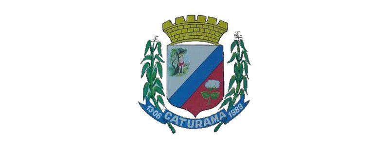 Brasão do município de Caturama (BA) com escudo dividido em três partes, coroa dourada no topo e ramos de milho ao redor.