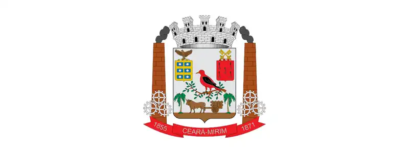 Brasão do município de Ceará-Mirim RN com torre, engrenagens, aves e elementos agrícolas.
