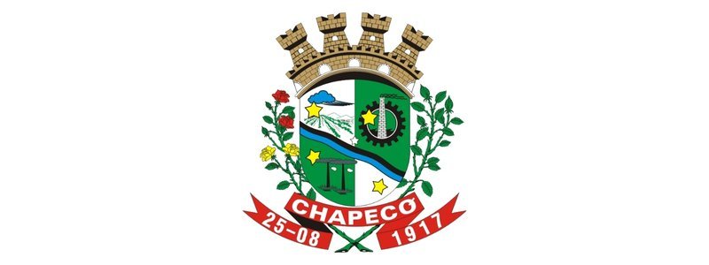 Chapecó abre concurso c/ 100 vagas para Agente de Apoio Educacional 1 Brasão do município de Chapecó-SC com escudo, engrenagem, paisagem, estrelas, flores e faixa vermelha com a data 25-08-1917.