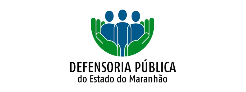 Logotipo da Defensoria Pública do Estado do Maranhão (DPE-MA) com símbolo de mãos verdes envolvendo três figuras humanas azuis e o nome da instituição abaixo.
