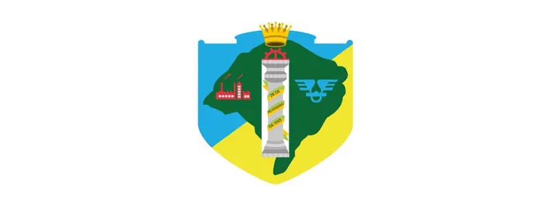 Brasão do Município de Esteio/RS com escudo colorido, mapa do Rio Grande do Sul ao centro, coluna com faixa, símbolos industriais e coroa no topo
