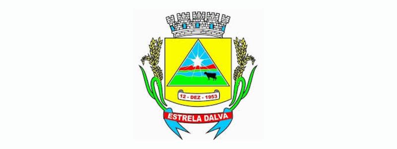 Brasão do município de Estrela Dalva-MG com triângulo central mostrando paisagem rural, estrela brilhante no topo, datas e ramos de trigo nas laterais.