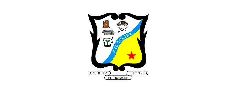 Prefeitura de Feijó abre processo seletivo com 234 vagas imediatas 1 Brasão oficial do município de Feijó, no Acre, com escudo colorido, faixa azul com o nome Rio Envira, estrela vermelha, símbolos internos e inscrição Feijó-AC com data de criação na base