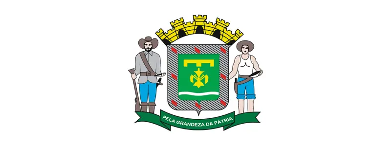 Brasão de Goiânia com escudo verde central, figuras de um bandeirante e uma mulher ao lado, coroa mural dourada no topo e faixa com o lema “Pela grandeza da pátria”