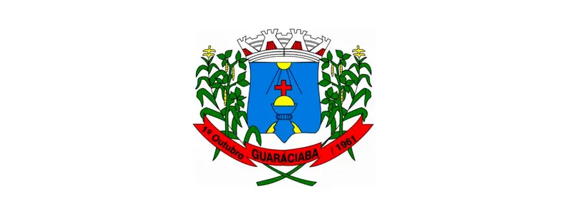 Brasão de armas do município de Guaraciaba, Santa Catarina, apresentando um escudo central azul com elementos religiosos e agrícolas, ladeado por ramos de milho e feijão, com uma faixa vermelha na base indicando o nome e a data de fundação.
