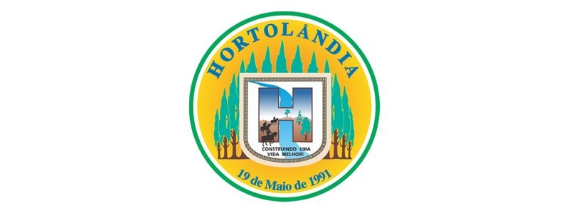 Brasão da cidade de Hortolândia-SP em formato circular com árvores ao fundo, a letra H central e a frase Construindo uma vida melhor. 