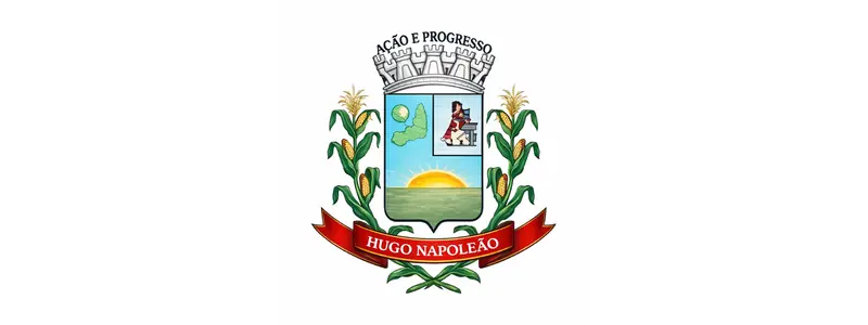 Brasão oficial de Hugo Napoleão/PI com escudo central, espigas de milho, sol nascente, coroa mural e faixa vermelha com o nome do município e o lema Ação e Progresso