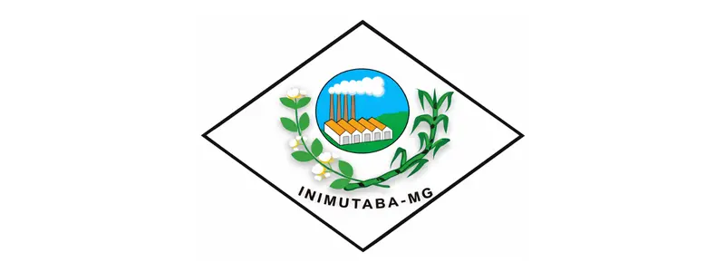 Brasão oficial de Inimutaba MG com símbolo central de indústria, ramos vegetais e nome do município em destaque