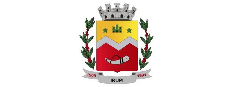 Irupi-ES lança seleção com salários de R$ 3 mil p/ ACE e ACS 1 Brasão de Irupi-ES com escudo dividido em vermelho e amarelo, contendo estrelas, castelo e objeto central, ladeado por ramos verdes e fita com datas.