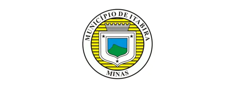 Brasão do município de Itabira em Minas Gerais com escudo central, montanha verde, fundo azul e moldura amarela com a inscrição Município de Itabira Minas.
