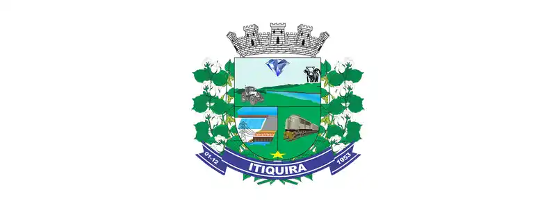 Itiquira (MT) oferece salários de até R$ 5,3 mil em Processo Seletivo 1 Brasão oficial do município de Itiquira, Mato Grosso, com escudo central ilustrando elementos da economia e cultura local, ladeado por ramos verdes e faixa azul com o nome da cidade.