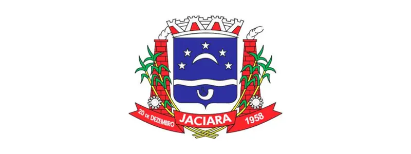 Brasão de Jaciara com escudo azul, estrelas, lua, faixa ondulada, cana-de-açúcar nas laterais e faixa vermelha com o nome do município e datas.
