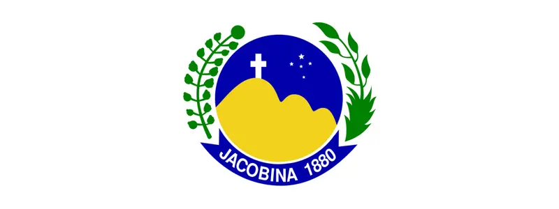 Jacobina/BA abre processo seletivo com 254 vagas de até R$ 5.889,82 1 Brasão de Jacobina - BA com montanhas amarelas, cruz branca, estrelas e ramos verdes sobre fundo azul e faixa com inscrição Jacobina 1880