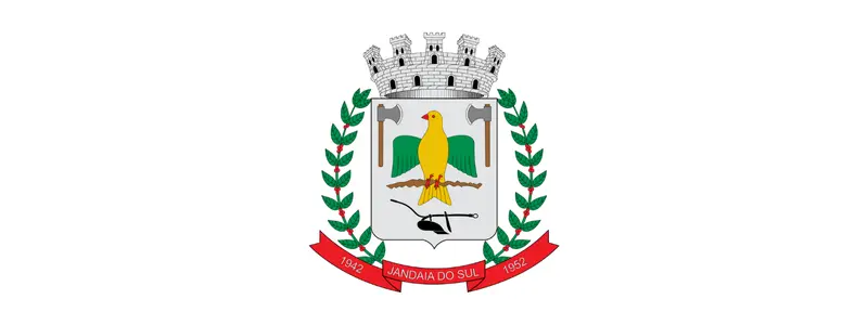 Brasão oficial do município de Jandaia do Sul com escudo, ave central amarela e verde, ramos laterais, coroa no topo e faixa vermelha com o nome da cidade e datas de fundação e emancipação