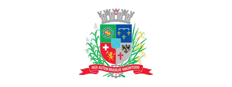 Joinville SC lança concurso com 142 vagas de até R$ 11,8 mil 1 Brasão de Joinville em formato de escudo com símbolos históricos, ladeado por ramos de cana e milho e faixa vermelha com lema em latim.