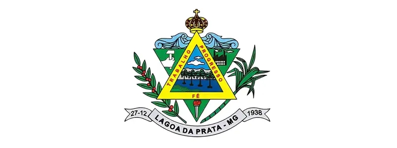 Lagoa da Prata - MG abre PSS com salários de até R$ 5.281,24 1 Brasão do município de Lagoa da Prata, Minas Gerais, com triângulo amarelo central, coroa no topo e ramos verdes nas laterais.