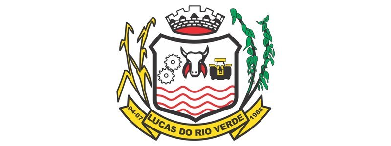 Concurso Lucas do Rio Verde/MT abre vagas de até R$ 23,4 mil 1 Brasão de Lucas do Rio Verde com engrenagem, cabeça de boi, máquina agrícola, ondas vermelhas, espigas de milho e ramos verdes.